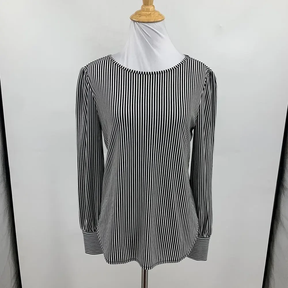Ann Taylor Top Women XS Extra Small White Black Striped Long Sleeve Button Cuff